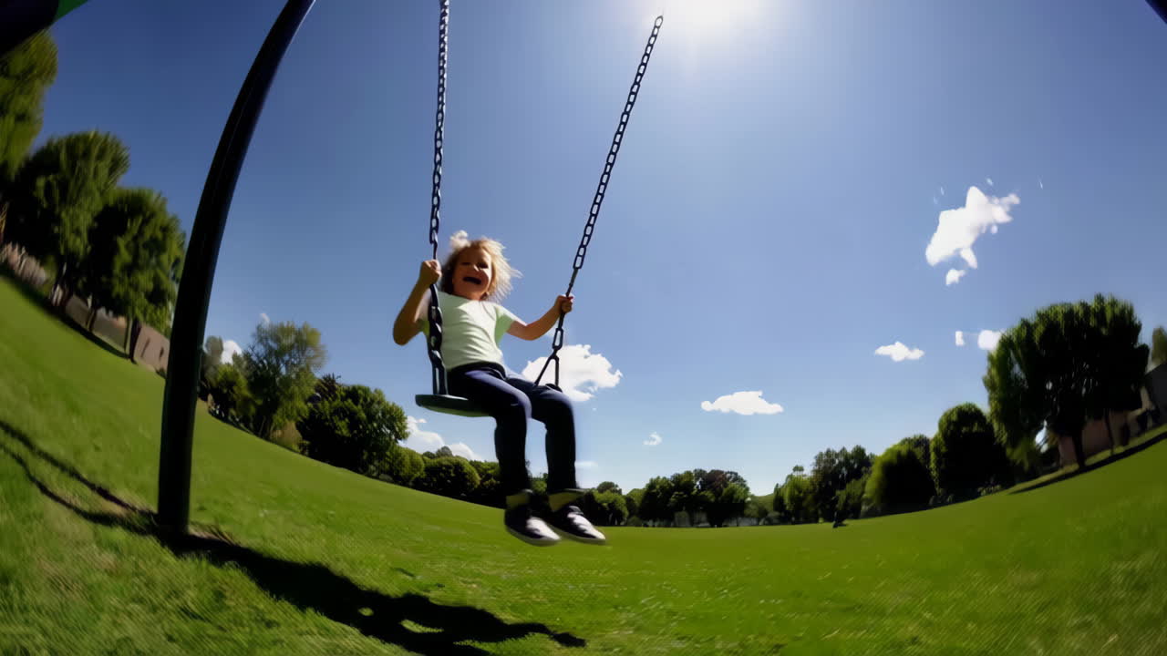 Happy child playing on a swing in a sunny park
