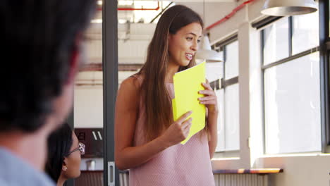 Happy-young-woman-addressing-colleagues-at-meeting,-close-up