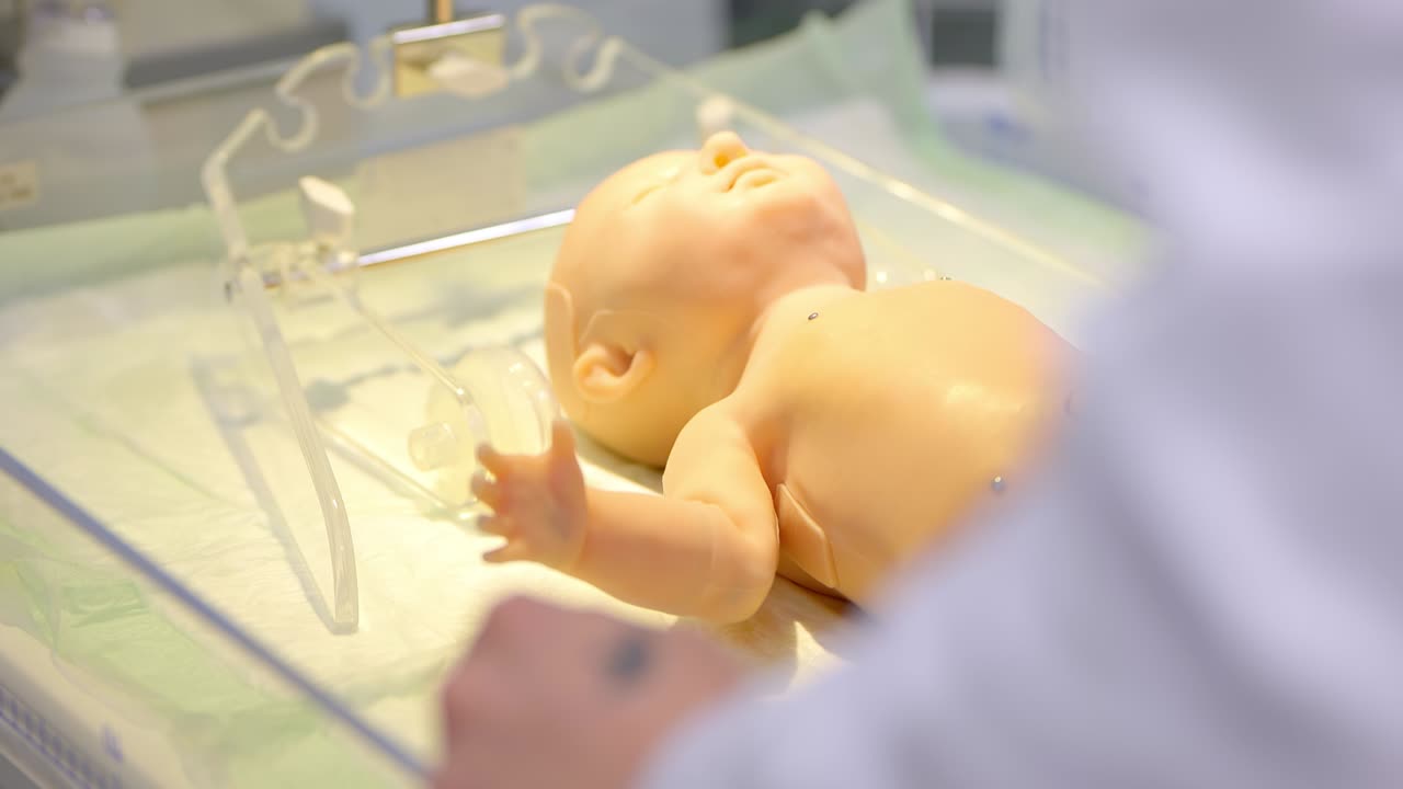 Gli studenti si esercitano a esaminare un paziente su un manichino medico neonatale.
