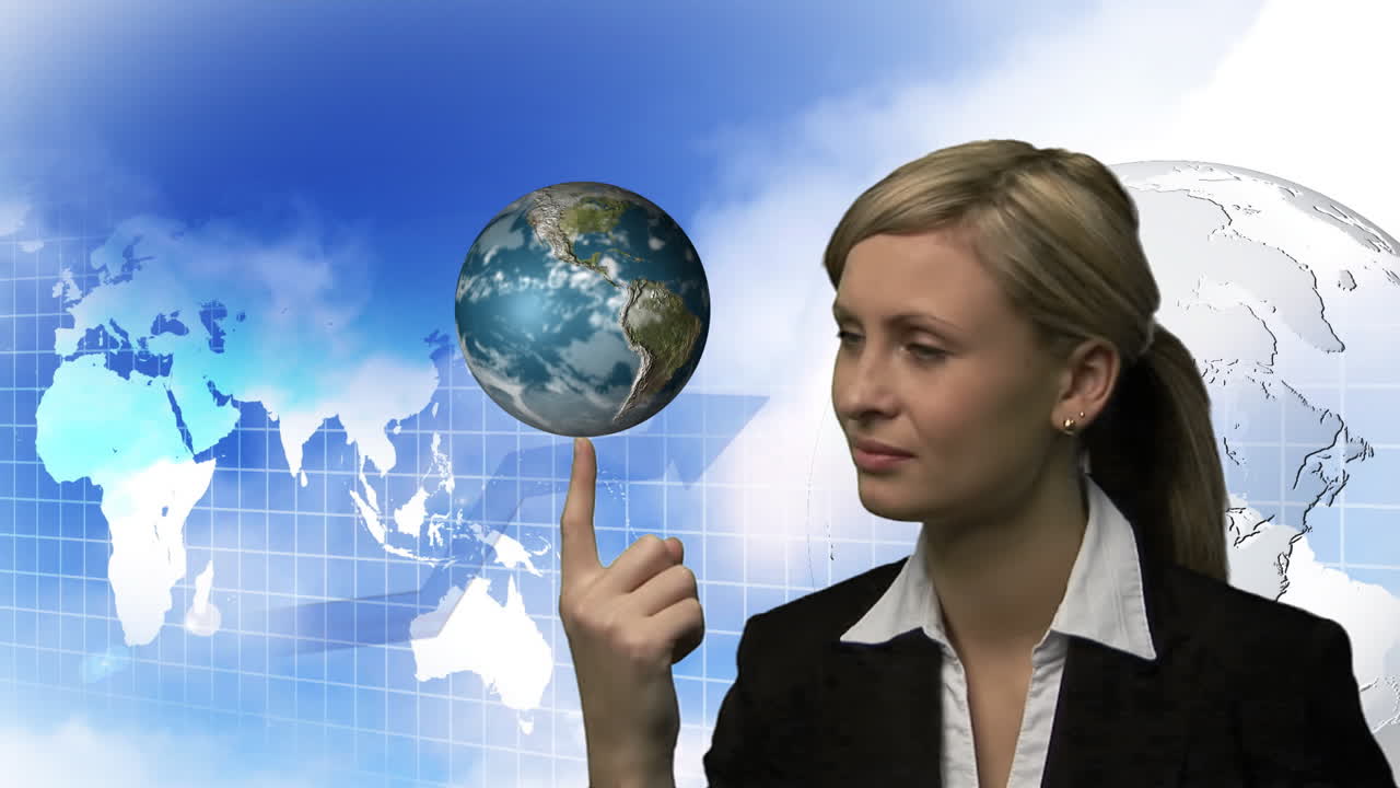 회전하는 지구를 가진 여자