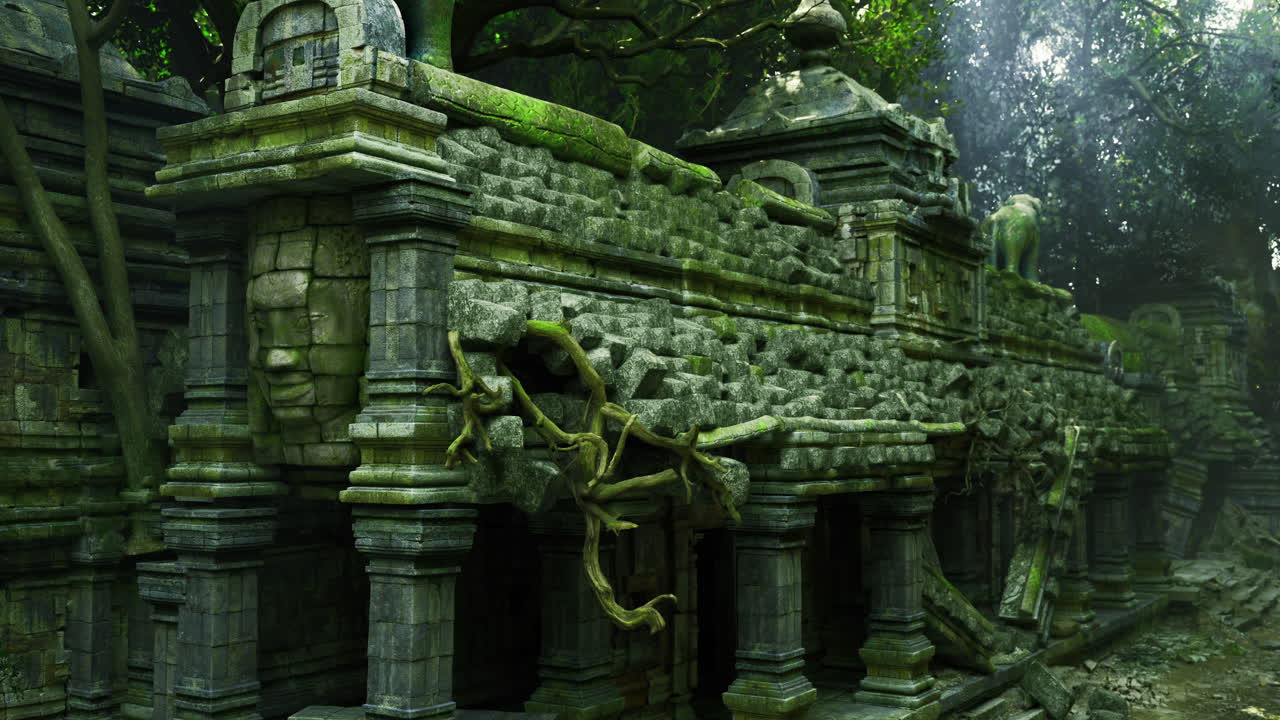 Ancient stone temple ruins covered with greenery in a dense forest