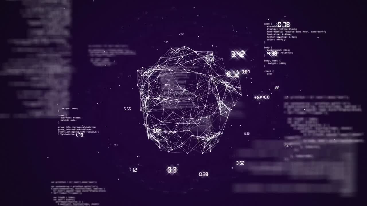 Animation of globe of network of connections and data processing over purple background