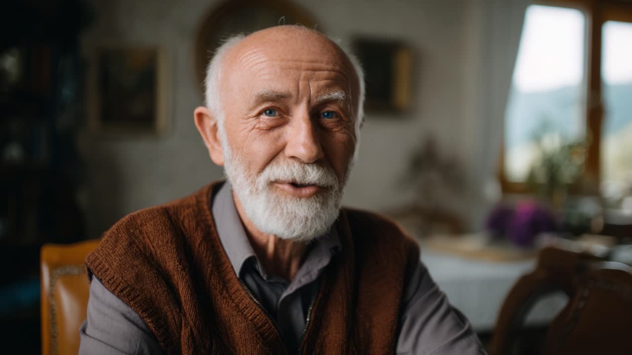 Un ritratto commovente e caloroso di un uomo anziano che sorride allegramente in un ambiente interno accogliente, catturato con luce naturale e morbidi elementi di sfondo.