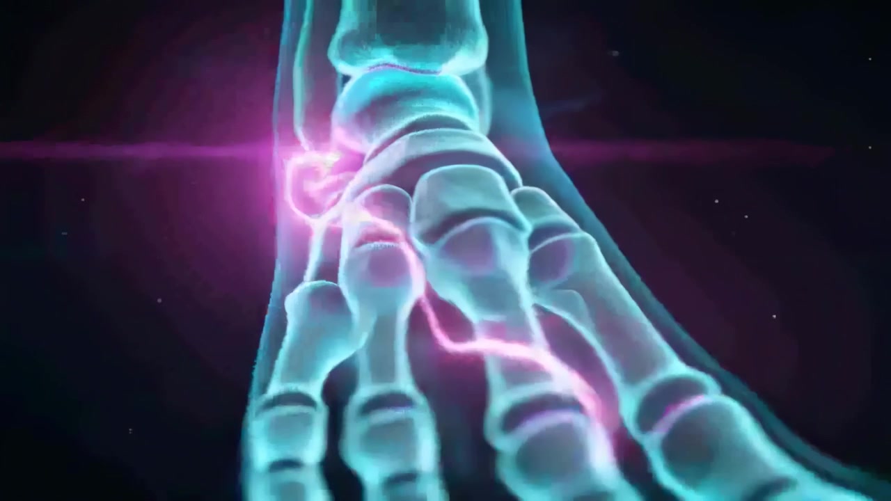 Animating foot bones from ankle glow in dark void, tracing pink ribbon along joints, showing routes