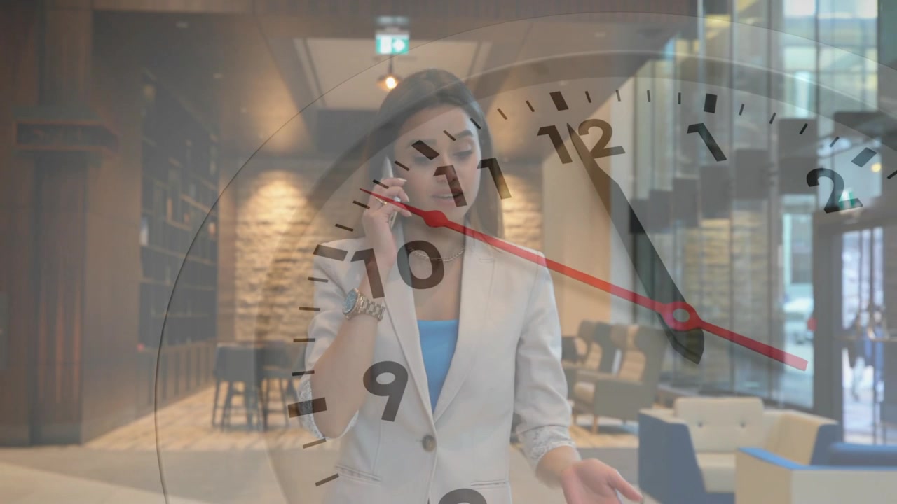 Business woman taking call in lobby, coordinating meeting while clock graphic shifting hands