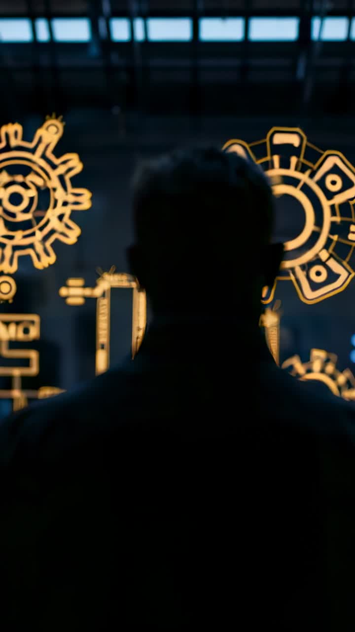 Vertical video: Standing man in dark coat watching display activating in lab, with gear icons
