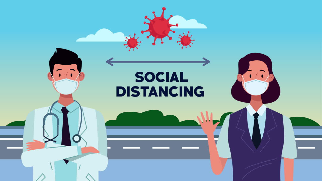 doctor and receptionist with social distancing message campaign