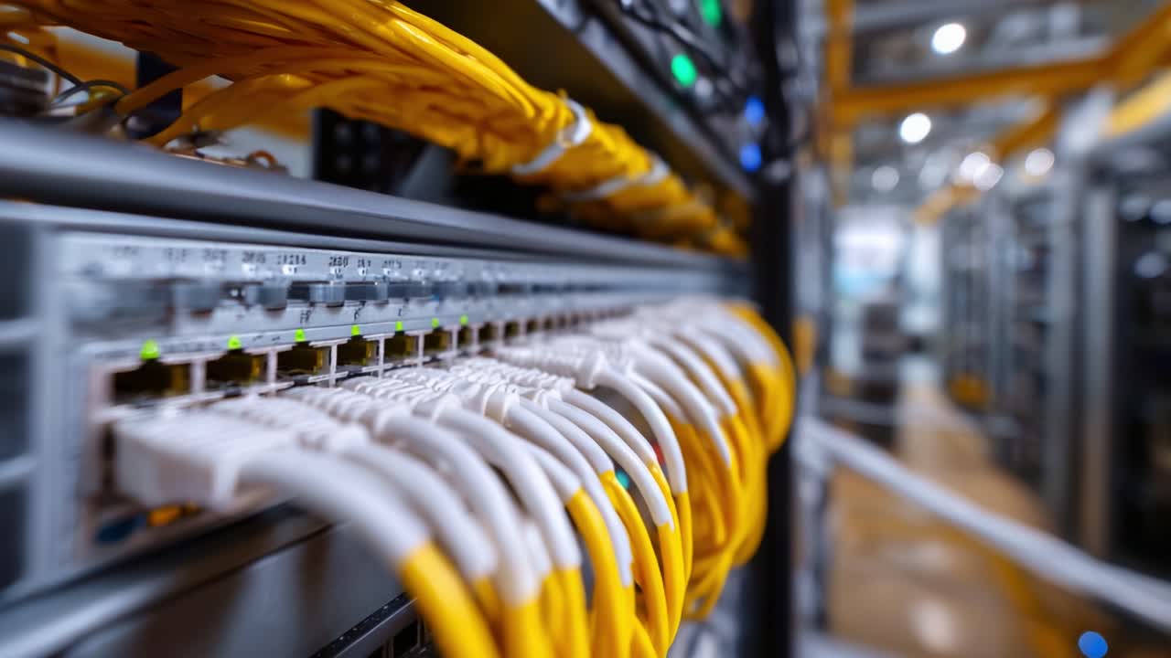Tangled Network Cables in High-Tech Data Center Showcasing the Essential Infrastructure Behind Modern Digital Connectivity and Information Transfer Systems