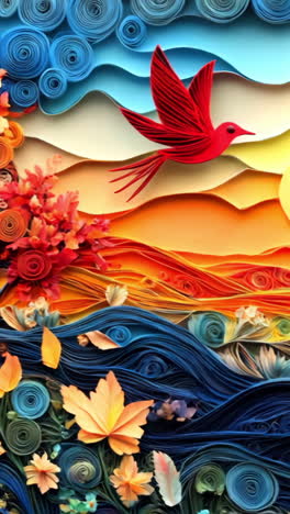 a colorful painting of a sunset with a bird flying over it. the painting has a serene and peaceful mood, with the bird representing freedom and the sunset symbolizing the end of the day