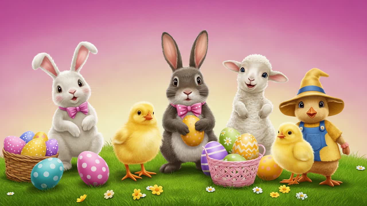 Uma reunião fofa de animais adoráveis de Páscoa: coelhos, pintinhos, cordeiros e ovos coloridos em um cenário alegre de primavera