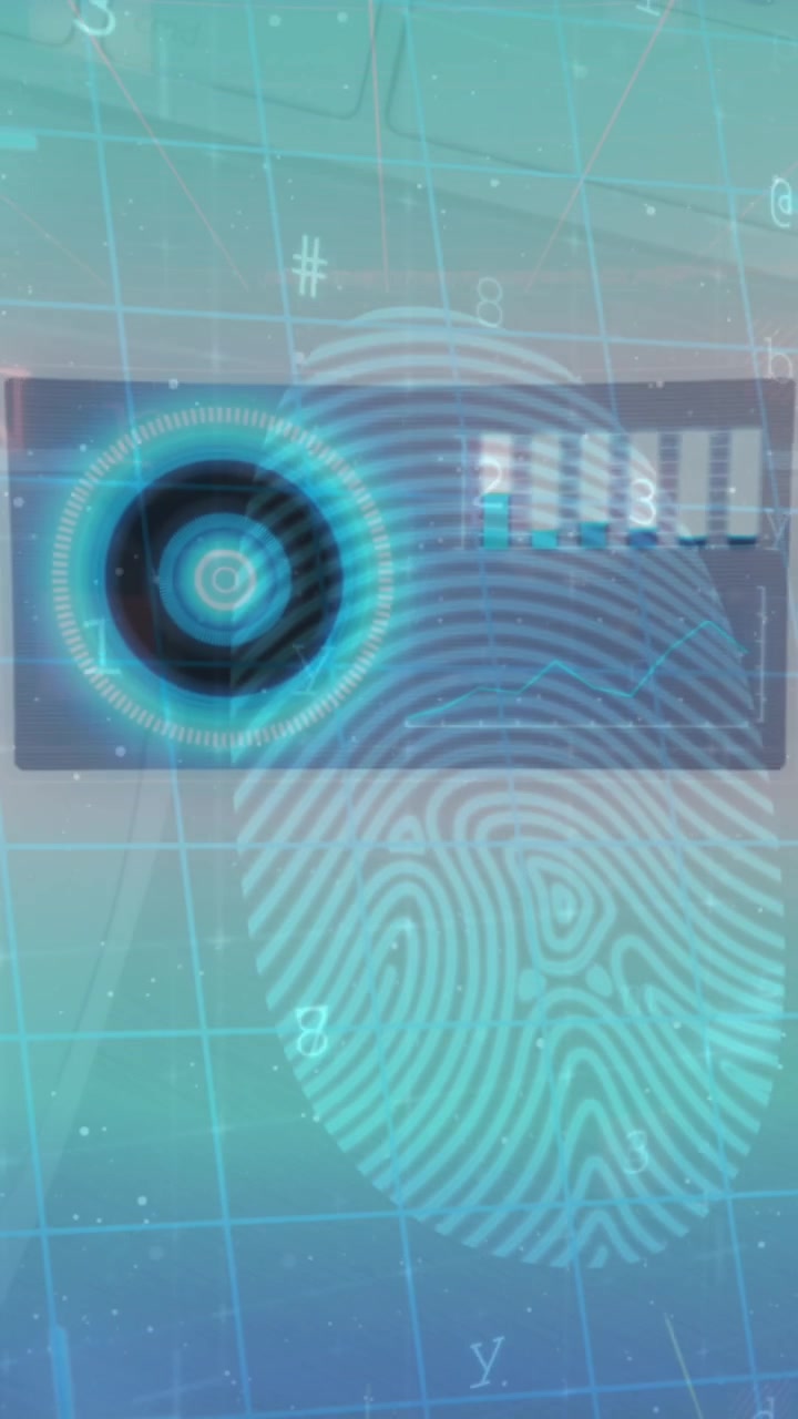 Animation of data processing and security fingerprint over blue background