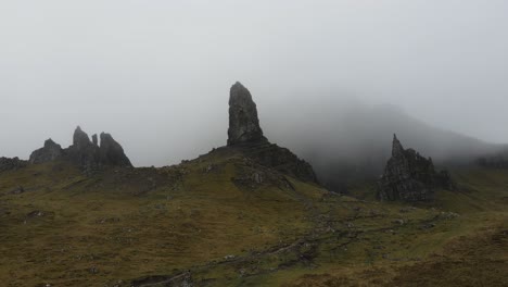 panoramablick auf das berühmte wahrzeichen "der alte mann von storr", das ein beliebtes ziel für wanderer und fotografen ist