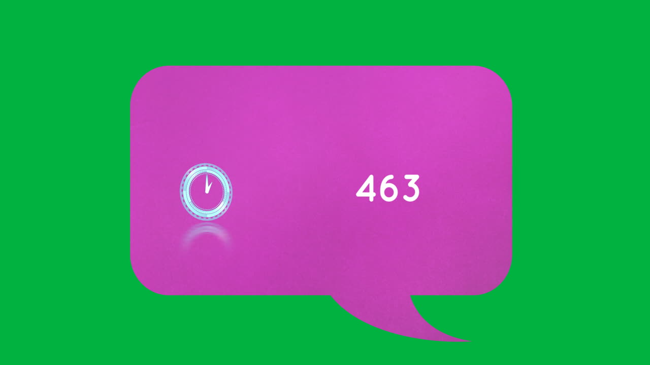 Neon ticking clock and increasing numbers on pink speech bubble against green background