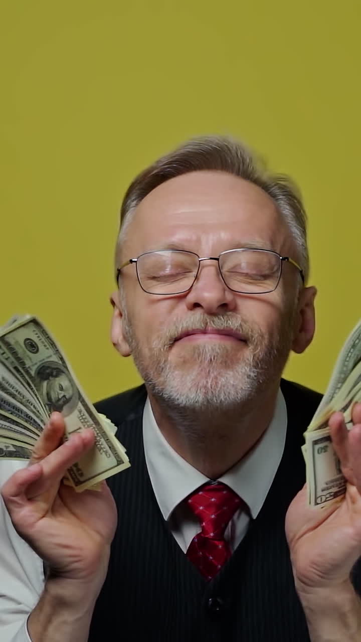 Portrait of grey-haired man with dollars. Smiling mature businessman in glasses waving dollar bills and touches his face with money happily. Positive emotions. Vertical video
