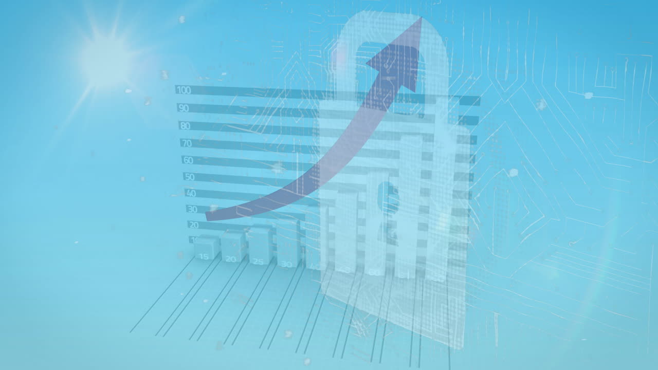 파들록과 회로판 배경 위에 상승하는 바 차트와 화살표 애니메이션