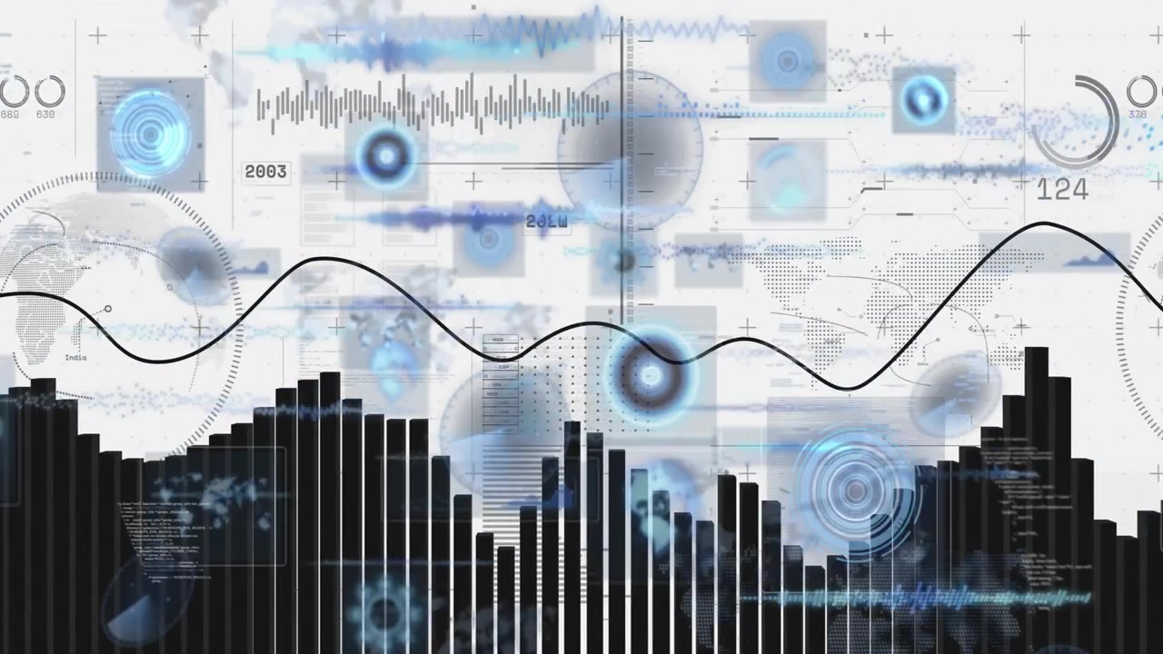 Upon launch bars rising sine curve sweeping gauges rotating and nodes appearing visualizing trends