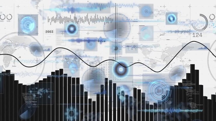Upon launch bars rising sine curve sweeping gauges rotating and nodes appearing visualizing trends