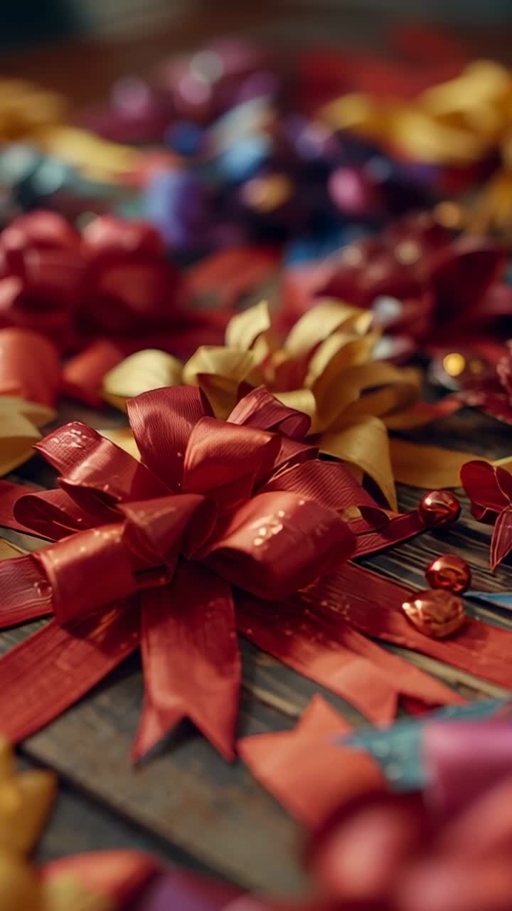 Vertical video: Opening shot pulling camera focus to gold bow on table with ribbon bows and beads
