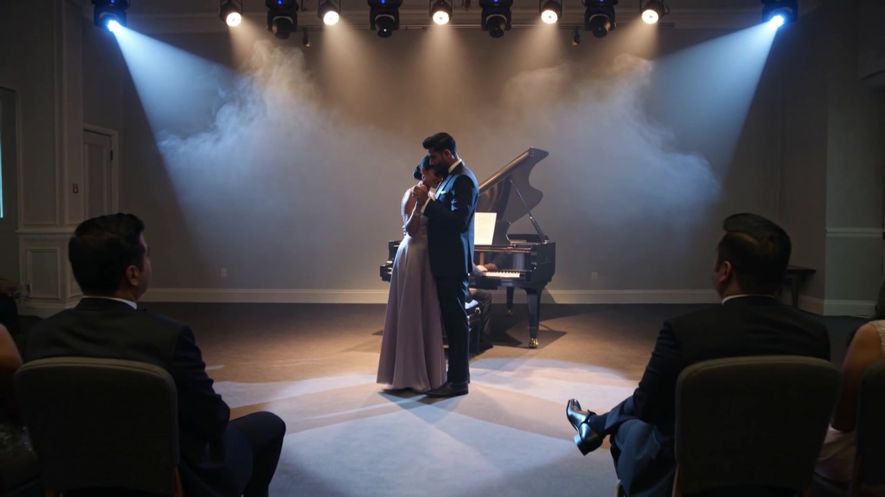 Coppia elegantemente vestita che ondeggia al ricevimento mentre il pianista al pianoforte a coda inizia a suonare il primo ballo.