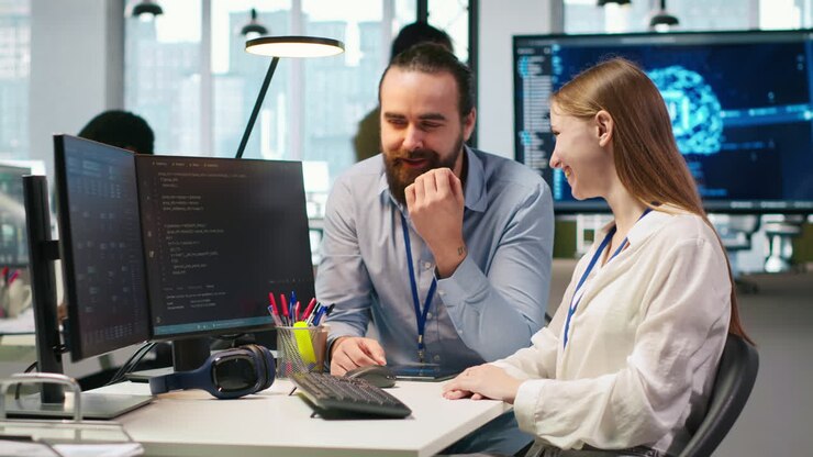 Friendly Team Leader Helping Happy Young Engineer Code Ai Algorithms