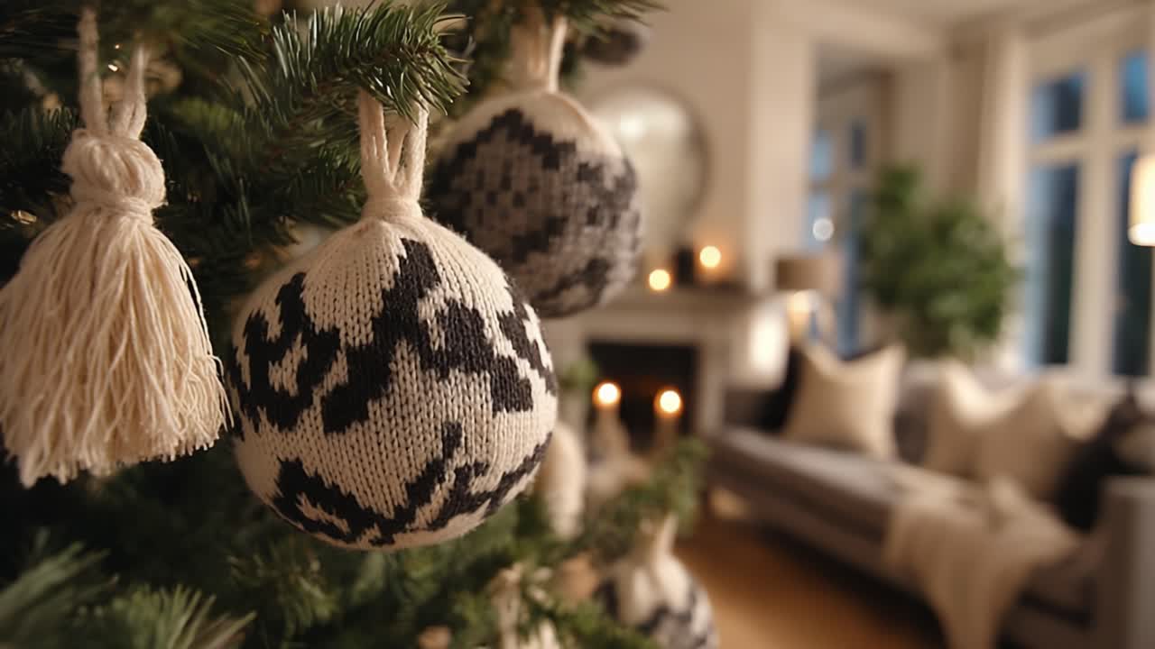 Beautifully Decorated Christmas Tree with Cozy Living Room Atmosphere Featuring Stylish Knitted Ornaments and Soft Lighting for a Warm Holiday Vibe
