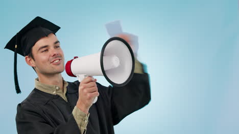 hombre de estudio, estudiante y graduado discurso de megáfono