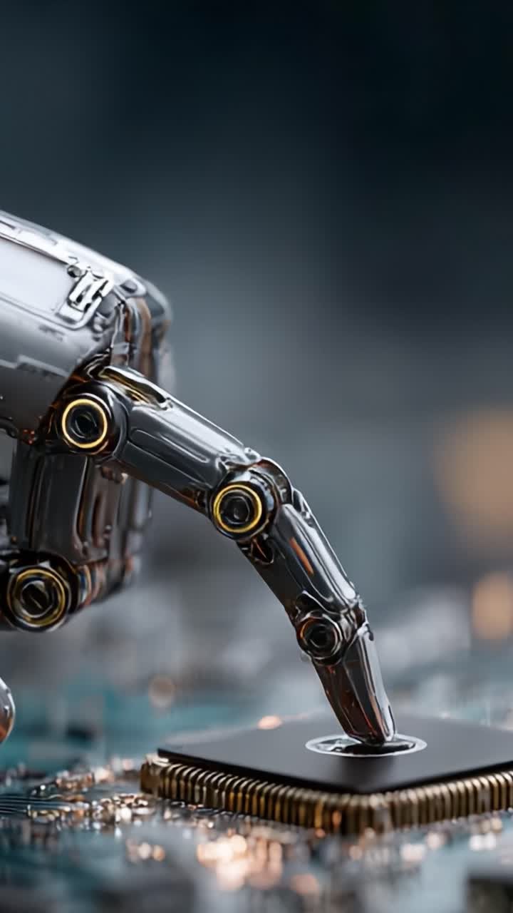 En futuristisk robotarm interagerer med en mikroprocessor: Et indblik i avanceret teknologi og robotteknologi, der fremviser præcision og innovation i den digitale tidsalder