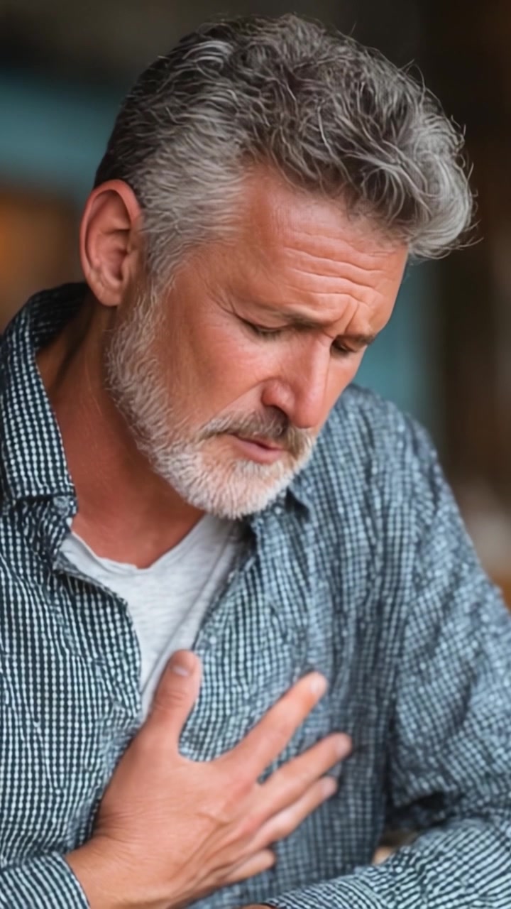 An Emotional Encounter: A Middle-Aged Man Expresses Discomfort and Concern as He Clutches His Chest, Reflecting on a Significant Moment in His Life