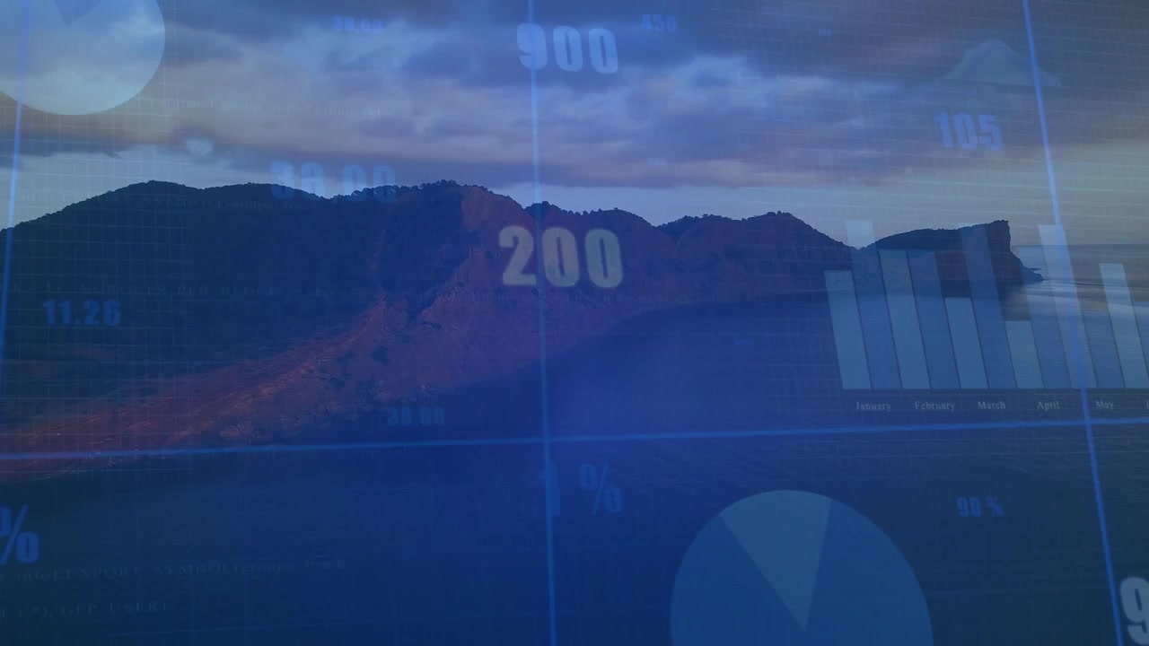 Opening view showing coastal hillside with data overlay animating, shifting bars updating metrics