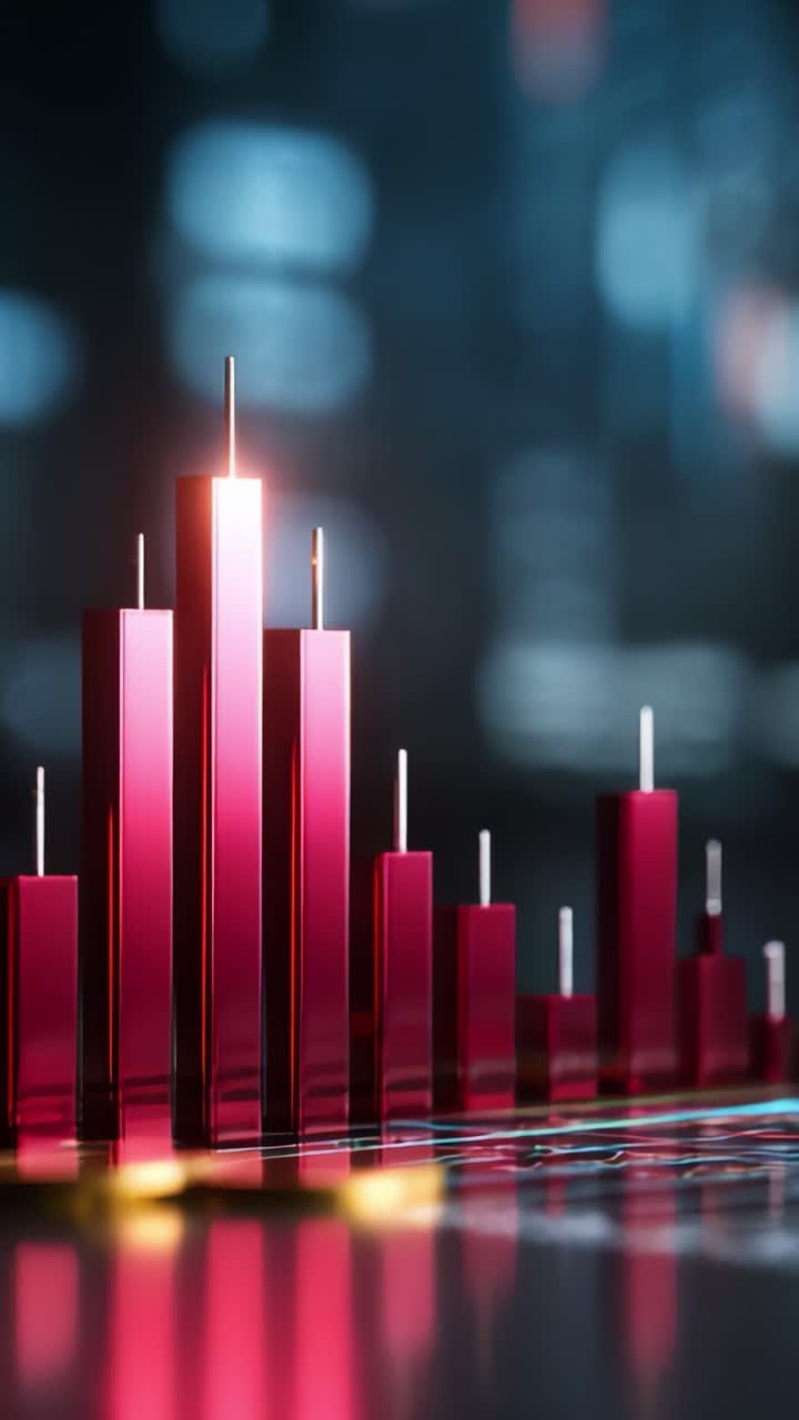 Dynamisk illustration af finansiel vækst med en rød søjlegraf, der viser fremskridt og tendenser i en sløret baggrund af abstrakte finansielle data