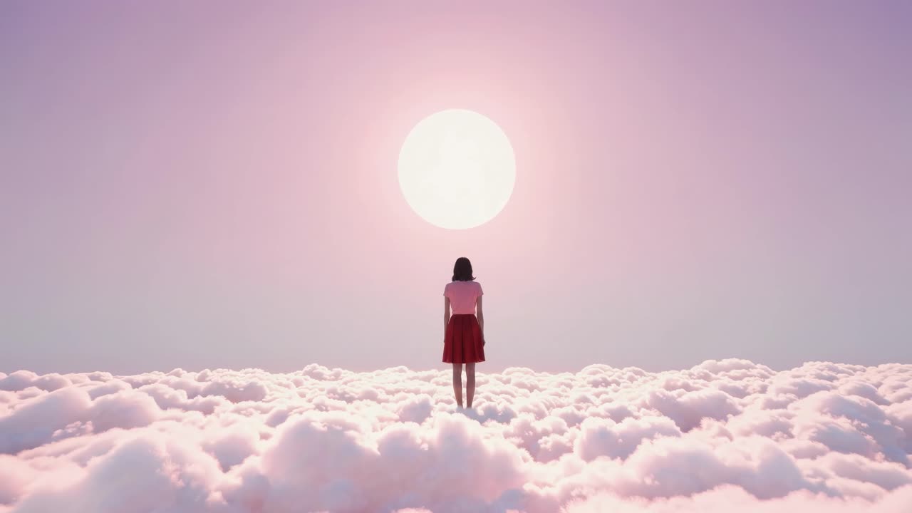 Surreal video concept of a woman standing on clouds, facing a large sun