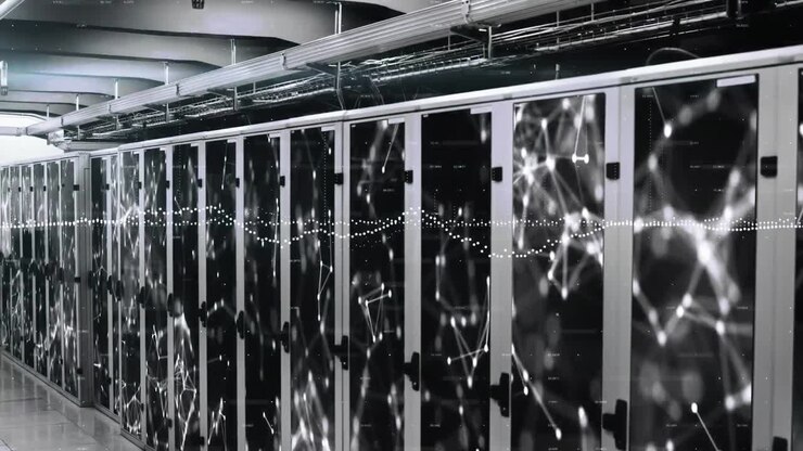 Animation of data processing and network of connections against computer server room