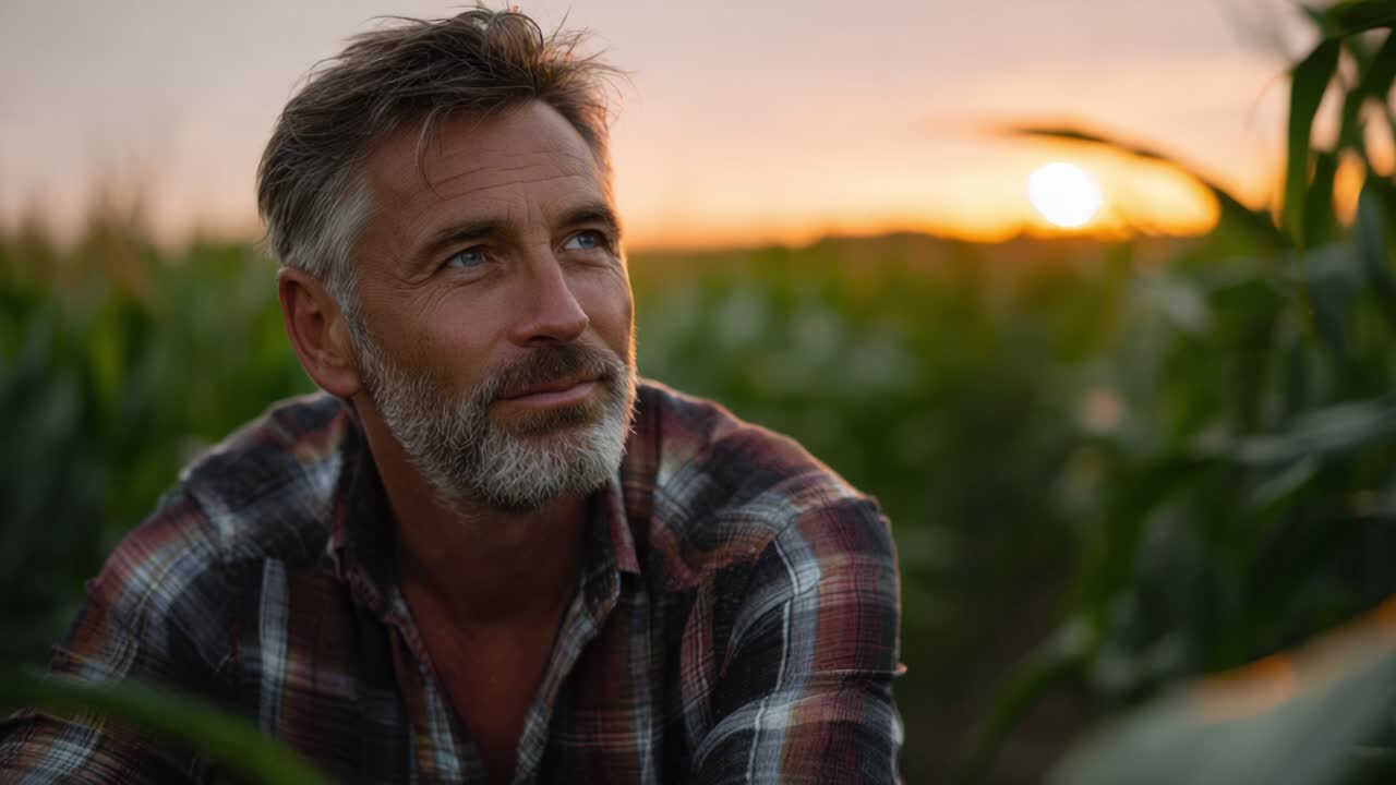 A contemplative man in a plaid shirt gazes towards the horizon in a cornfield at sunset, reflecting on life's moments with nature surrounding him