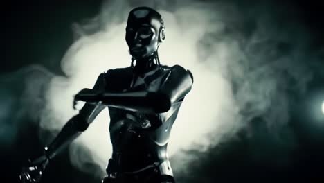 a sleek robot performs a captivating dance routine amidst swirling smoke and dramatic lighting. the atmosphere is filled with energy and movement, showcasing advanced technology and artistry.