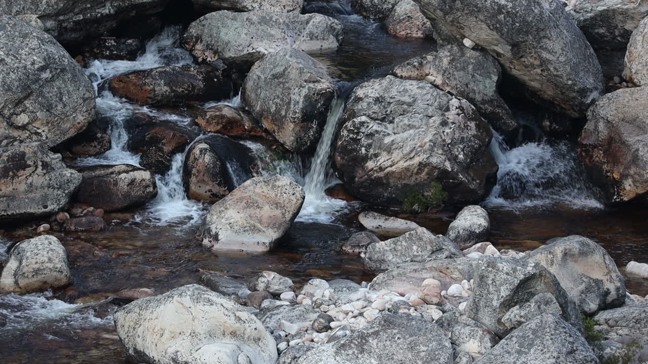 Water flows down a rocky mountain stream between boulders and rocks