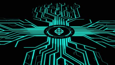 ethereum digital currency with futuristic artificial intelligence spreading through internet. visualization of machine learning, computer technology, neural network