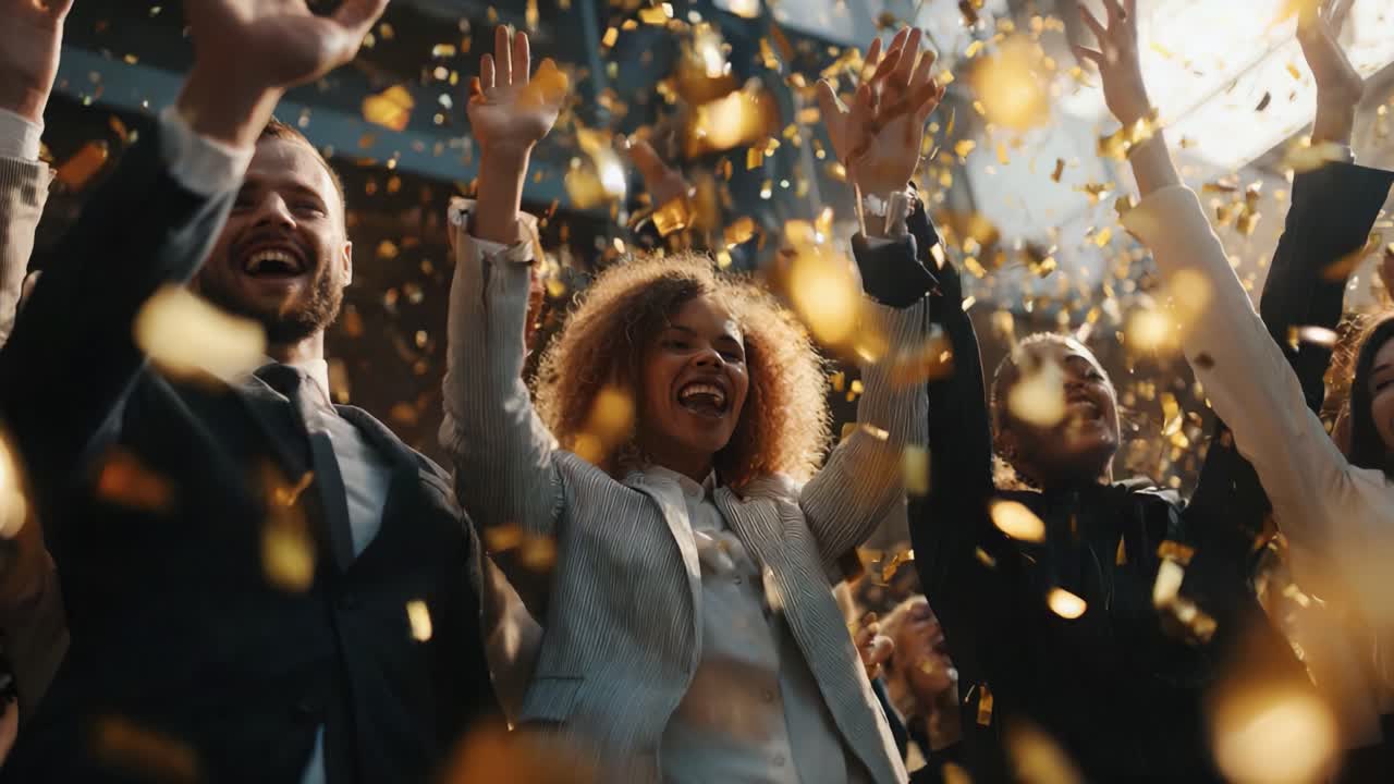 A Joyful Celebration: Enthusiastic Group of People Cheering and Celebrating with Delightful Confetti Falling in the Air, Creating an Atmosphere of Happiness and Excitement