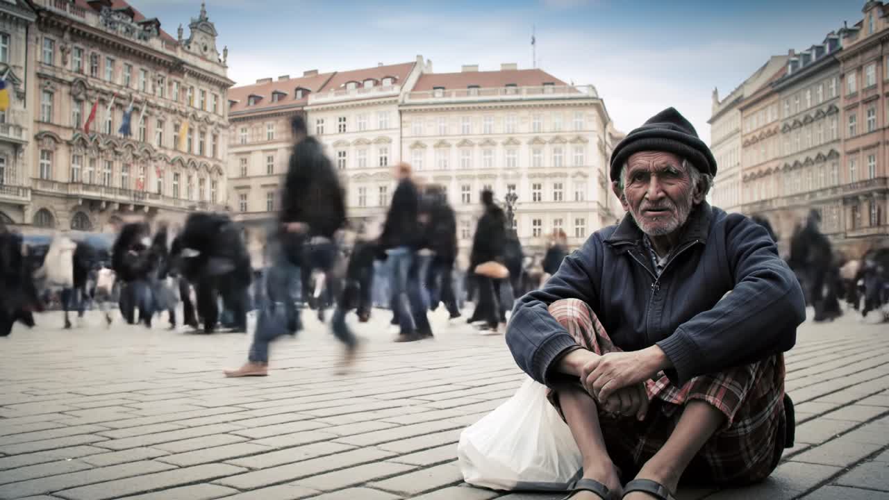 A man wearing worn clothing sits on the cobblestone ground in a busy city square. People walk by, engrossed in their activities while he gazes off into the distance.