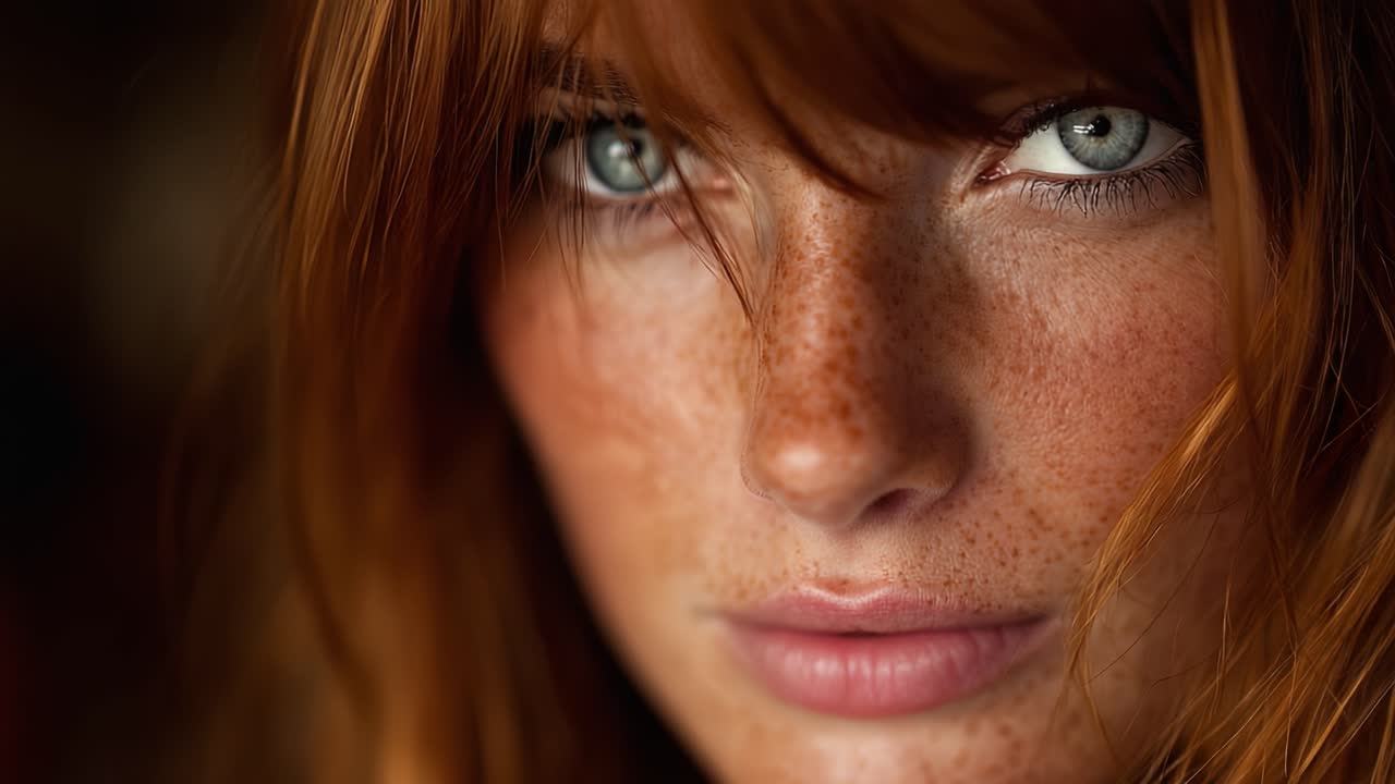 Stunning Close-Up of a Woman with Freckles and Beautiful Green Eyes, Capturing Intricate Details of Her Expression and Unique Hair Color