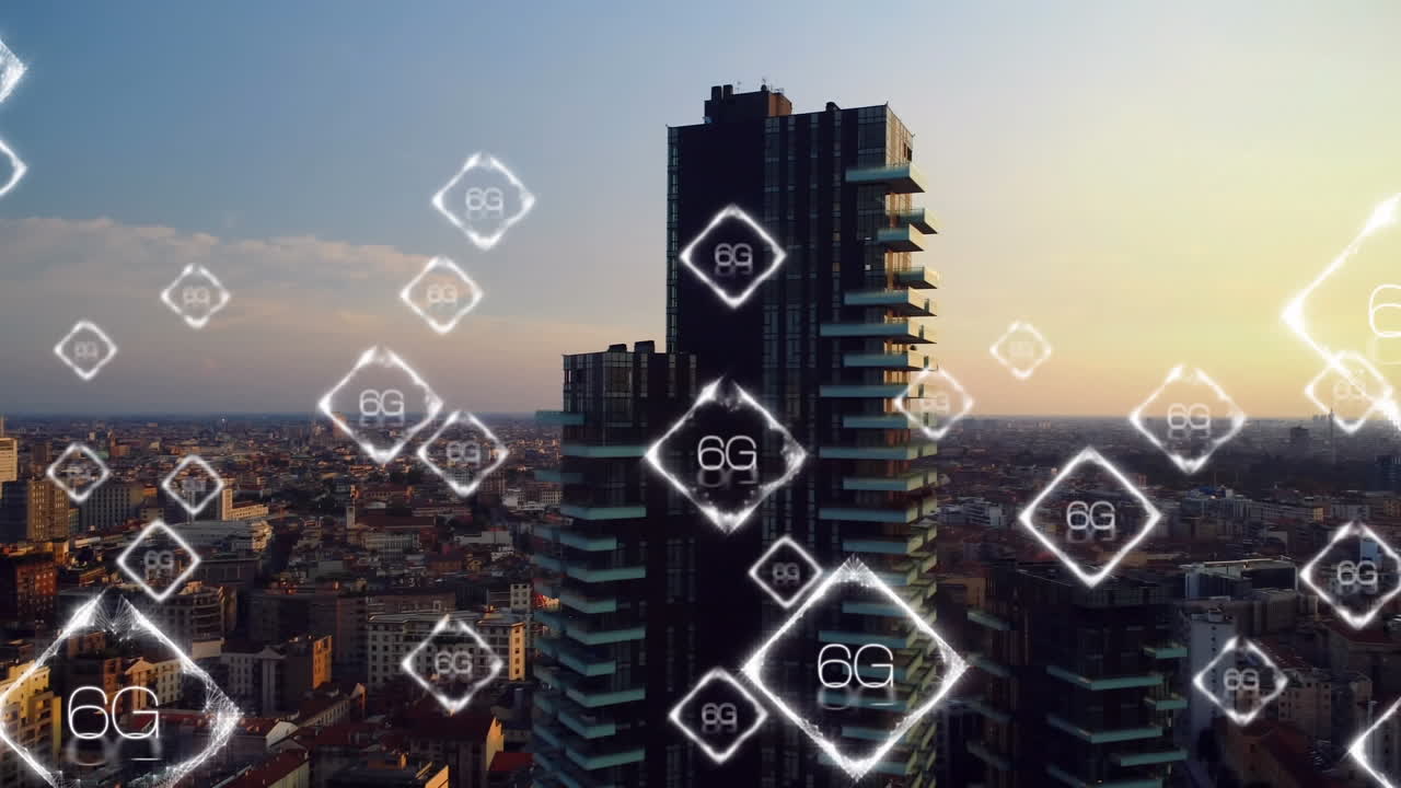 Animação de rede de texto 6G sobre paisagem urbana