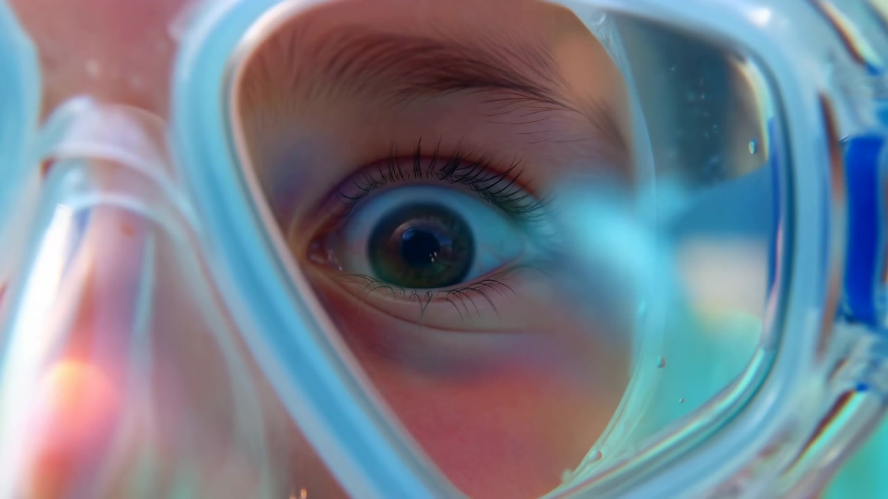 Primerísimo primer plano del rostro de una persona joven con gafas protectoras transparentes, ojos bien abiertos e iluminación suave y colorida contra un fondo difuminado.