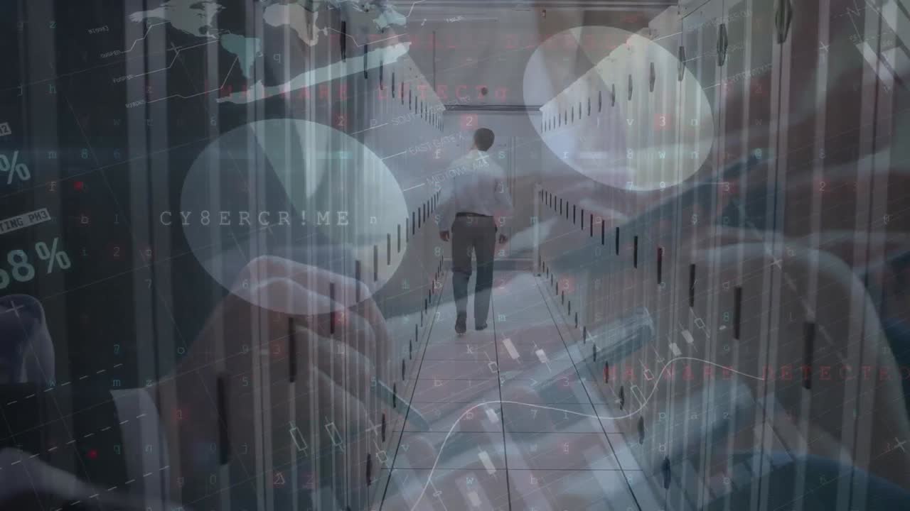 Statistical data processing over rear view of male scientist walking in computer server room