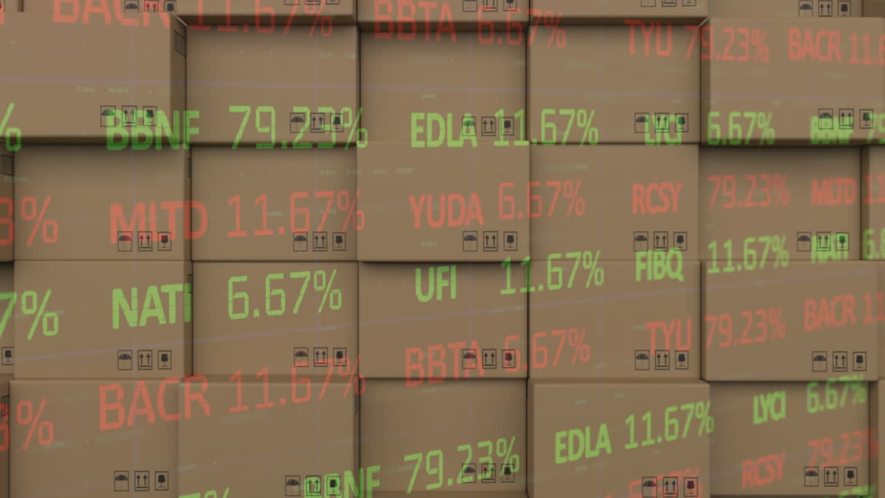 Animation af finansiel databehandling over stak af papkasser.