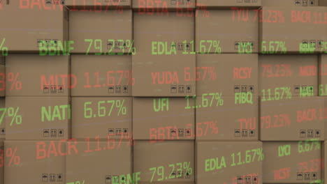 animación del procesamiento de datos financieros sobre una pila de cajas de cartón