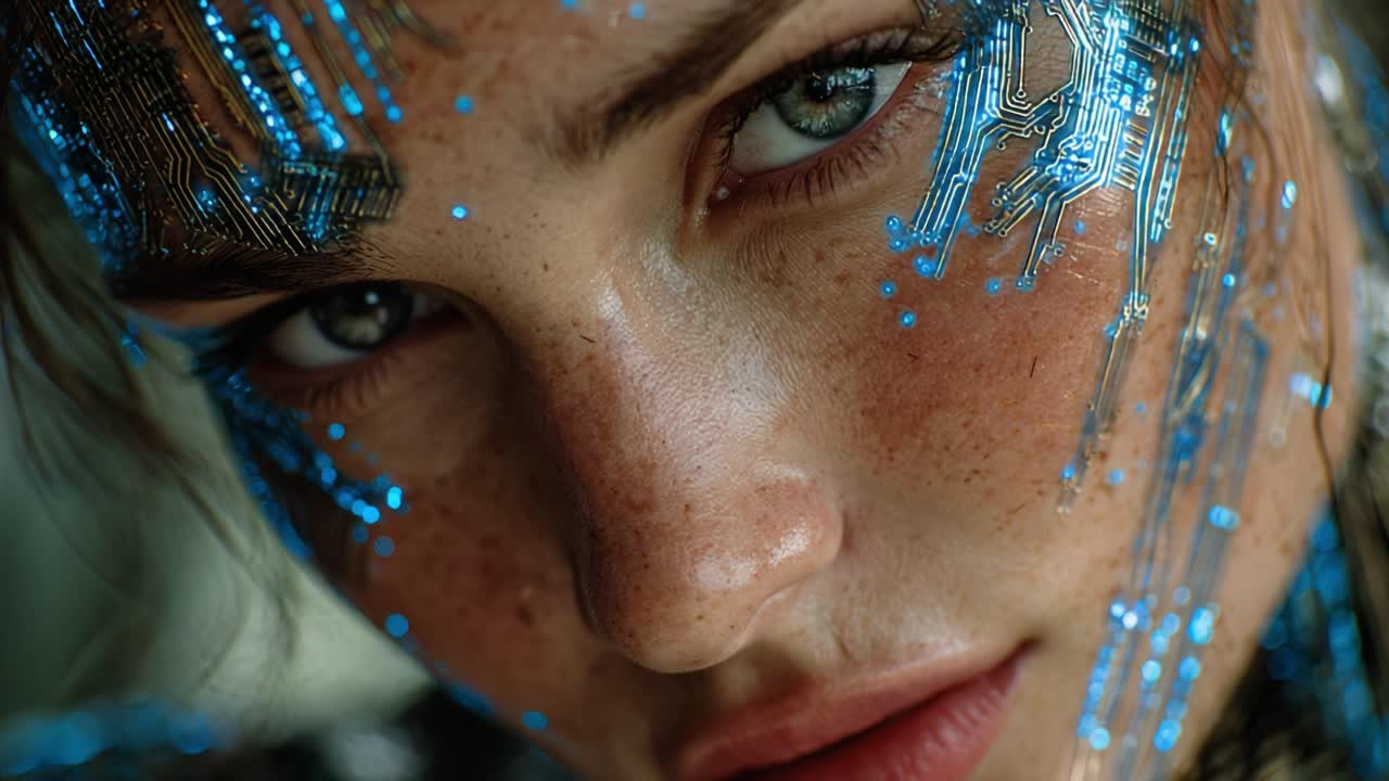 Close-up of a Futuristic Female Face Embedded with Circuitry Patterns and Sparkling Blue Lights, Merging Technology with Natural Beauty in an Artistic Representation