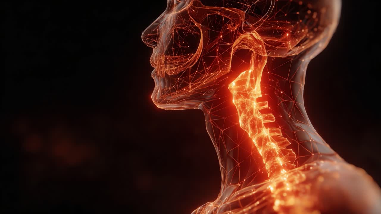 Una visualizzazione intricata dello scheletro umano e dell'anatomia del collo con connessioni neurali luminose che mostra le complessità del corpo umano con dettagli mozzafiato