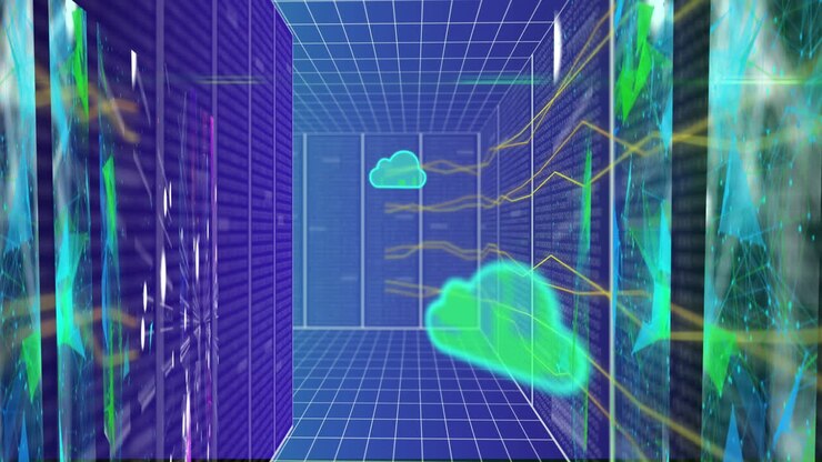 Animation of clouds, data processing and connections over computer servers