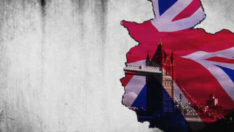 Animation-of-dirty-grey-broken-screen-with-moving-Union-Jack-flag,-Houses-of-Parliament-and-Tower-Br