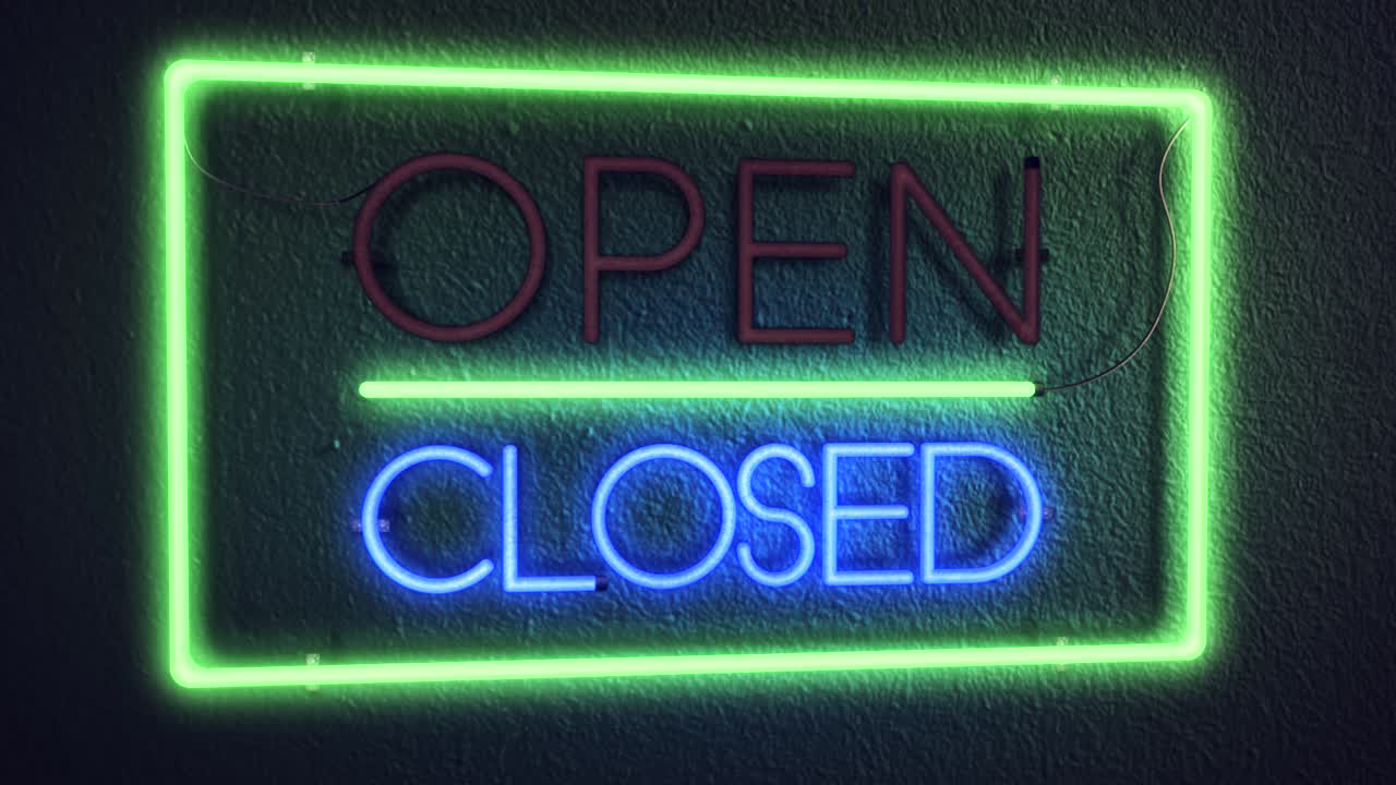 Realistic 3D render of a vivid and vibrant animated flashing neon sign, with the word Open illuminated, then blinking off and the word Closed illuminating, with a concrete wall background