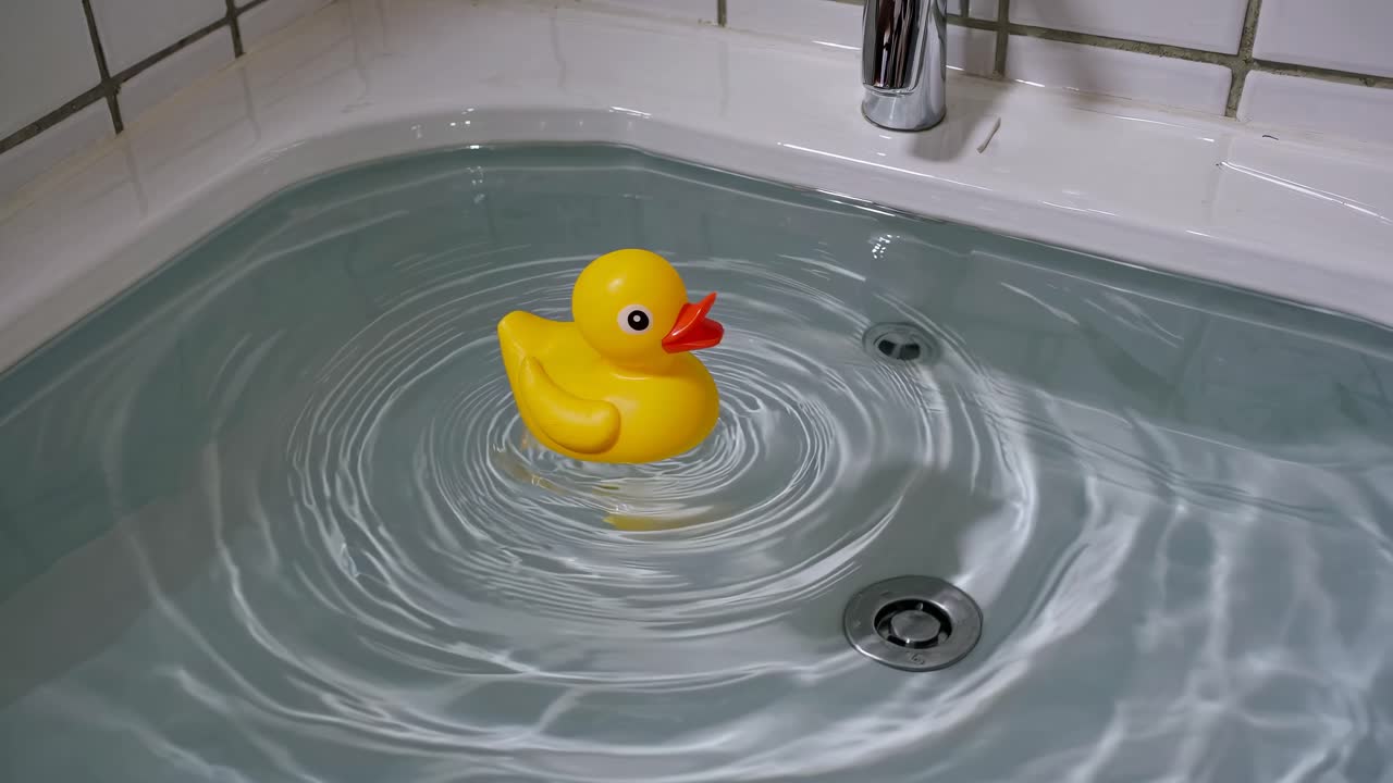 Aerial view of a yellow rubber duck floating in a bathtub. The video captures the serene, playful